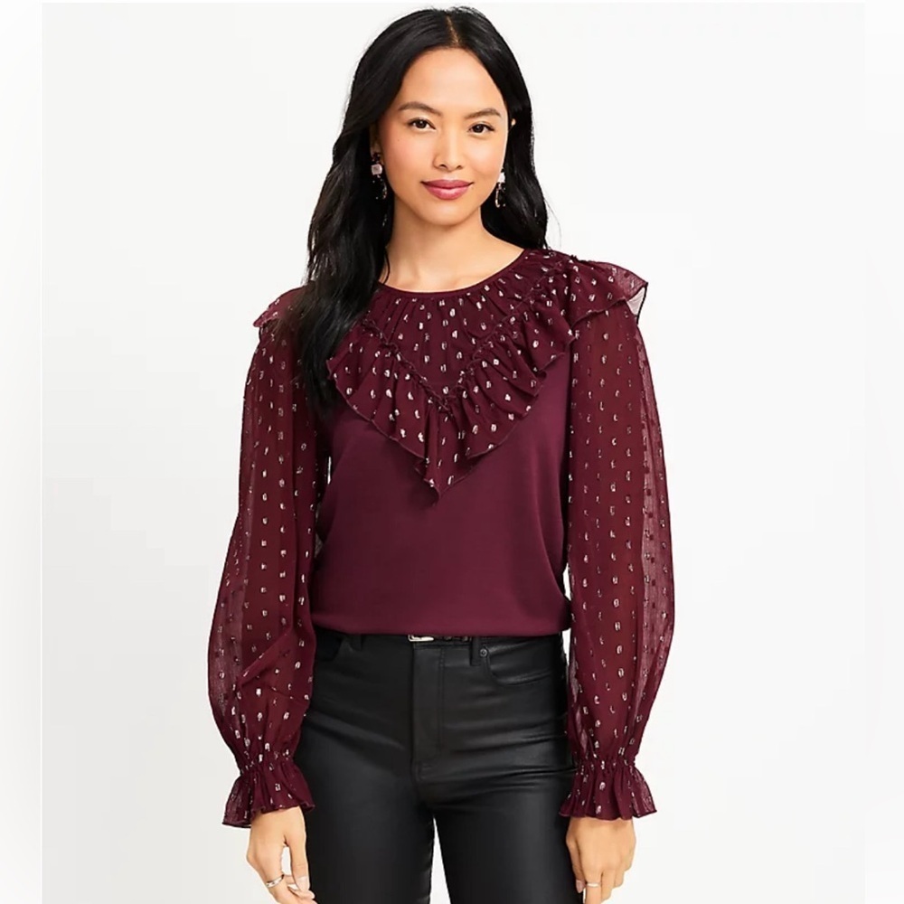 LOFT Burgundy Ruffle Yoke Blouse with Metallic Dot Sheer Sleeves